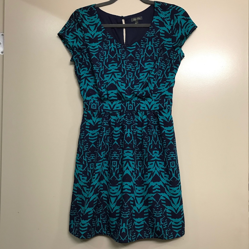 Lily Rose | Navy Blue & Teal Tribal Print Dress, S